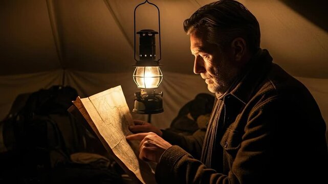 Focused middle-aged Caucasian man studying a paper map inside a canvas tent at night illuminated by a glowing oil lantern during an outdoor adventure
