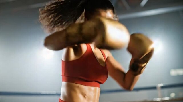 A female boxer in red gear with golden gloves, ready to fight, focused gaze