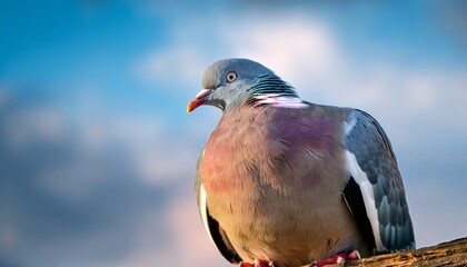 Portrait Of A Wood Pigeon Bird Sitting On A Dry Branch Against The Sky With Its Feathers Fluffed Up