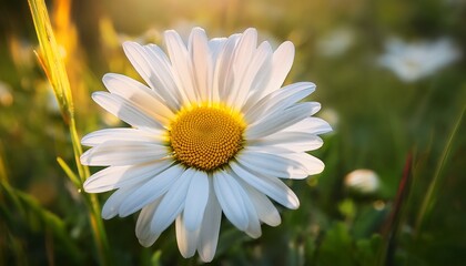 A Close Up Of A Daisy Flower With White Petals And A Bright Yellow Center Blooming Amidst Green Grass And Natural Surroundings The Delicate Details Of The Flower Stand Out Against The Earthy Backgro