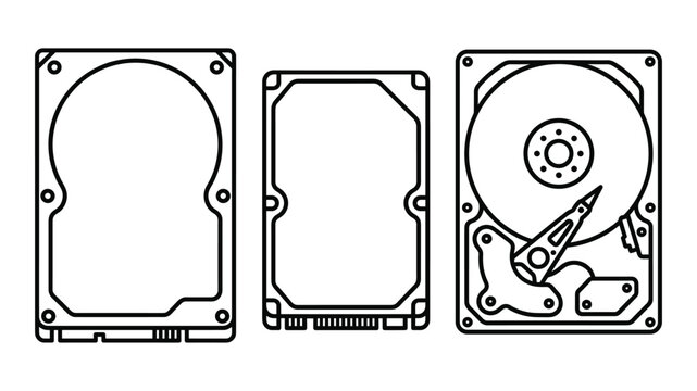 Hard disk drive storage computer data technology in top view with outline line art
