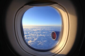Fototapeta premium Airplane Window View Over Clouds at Sunrise with Clear Blue Sky