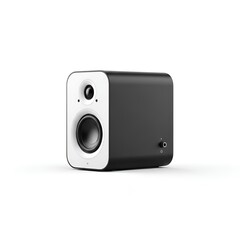 Obraz premium Modern black and white speaker displayed on a plain surface showcasing its sleek design and audio capabilities from a frontal perspective.