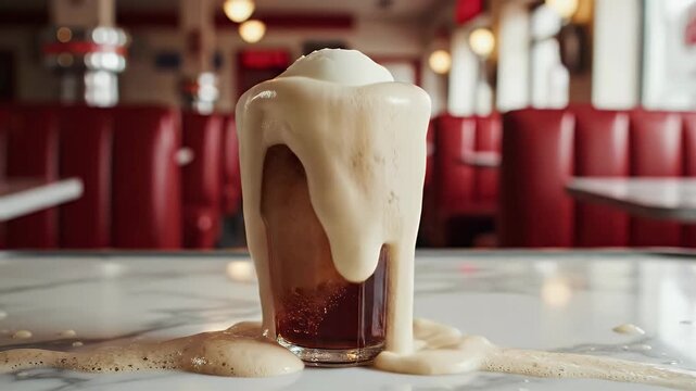 A scoop of vanilla ice cream overflows a glass of soda