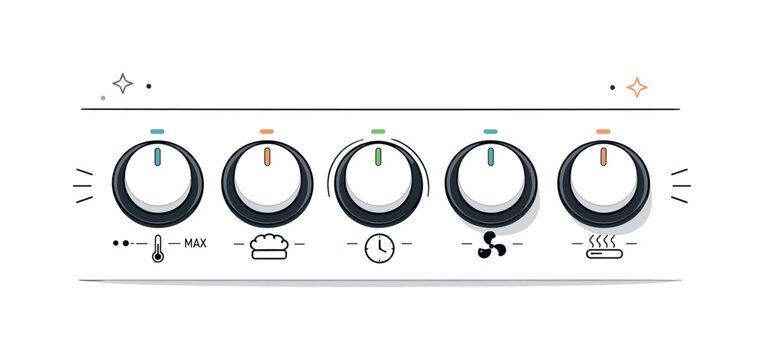 Sleek Kitchen Interface. Modern kitchen control panel. Several oven knobs aligned neatly on a minimal appliance surface. The scene communicates order, design