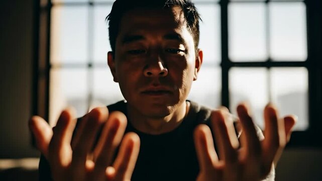 Young adult Asian man praying with open palms in a spiritual and meditative pose indoors near a window with dramatic lighting and soft bokeh background