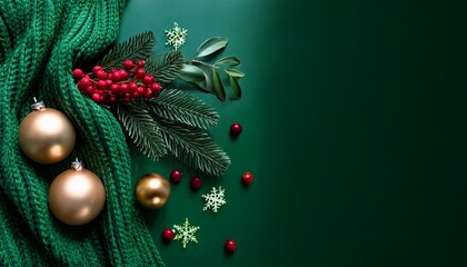 Rich Green Knitted Fabric With Christmas Balls Near By Surrounded By Decorative Greenery And Berries Beautiful Holiday Design Greeting Card Copy Space