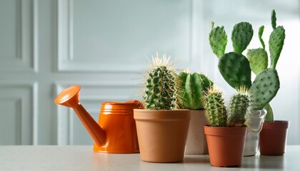 Beautiful Prickly Pear Cactus In Pot Watering Can And Other Houseplants On Light Grey Table