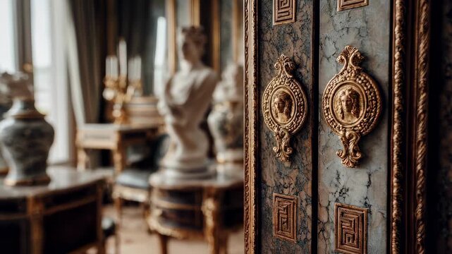 Detailed view of a classic wooden armoire showcasing delicate paneling and brass handles the craftsmanship clear in focus while the surrounding decor softly fades.