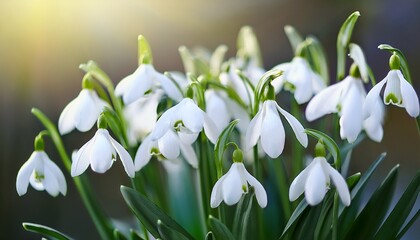 Soft Focused Snowdrops At Spring Group Of Blooming White Galanthus Nivalis Flowers Good For Seasonal Greeting Postcard