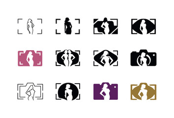 Fototapeta premium Fashion Photography Icons. Fashion photography. Icon set. Set Logo of Fashion photography: camera framing a model silhouette. harmonious logo variations of the