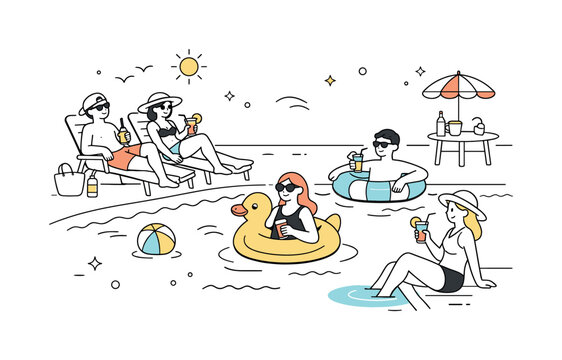 Poolside Relaxation. Poolside spring break. People lounging near a pool with drinks and inflatable floats. The illustration communicates leisure, sunshine, and
