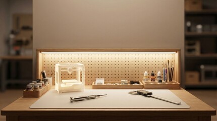 High-Quality 3D Render Miniature Maker Workshop Desk with Clean Tools and Huge Copy Space, Warm Soft Light
