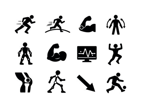 Sports Movement Icons. Sports science movement. Solid icon set of sports science movement: dynamic runner, motion arc, flexion point, range of motion, limb