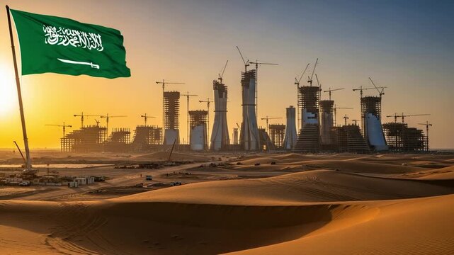 Saudi Arabia flag waving over a massive construction site in the desert with cranes and skyscrapers under development at sunset