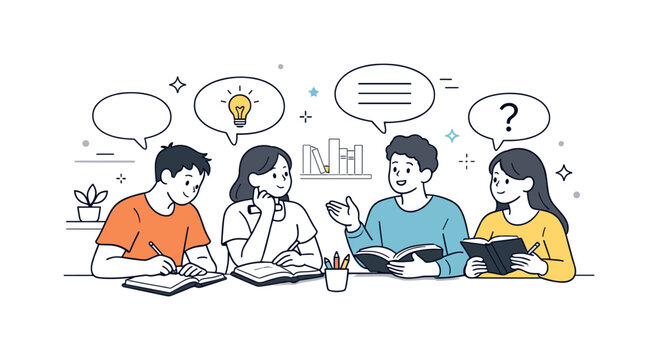 Library Study Group. Library study group discussion. Students exchanging ideas with notebooks and speech bubbles, thoughtful mood and respectful communication.