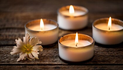 Lit Candles With A Flower Sit Atop A Rustic Wooden Surface