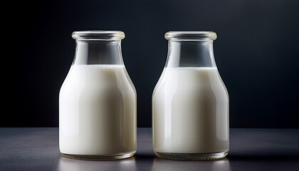Two Glass Bottles Of White Liquid Likely Dairy Against A Stark Background