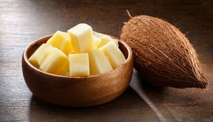 Boiled Cassava In A Wooden Bowl And Old Coconut