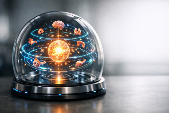 AI generated advanced endocrine hormone system visualization with holographic feedback loops and glowing core inside a futuristic dome for medical biotechnology and health innovation