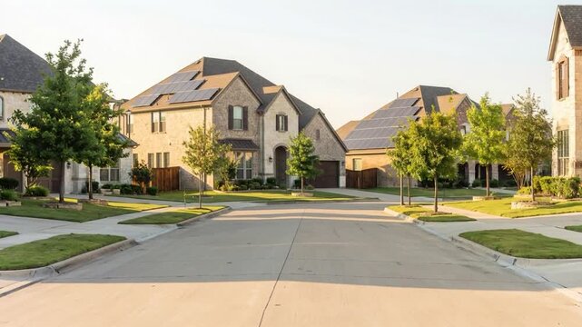 A serene suburban street lined with houses and greenery. A clear sky adds to the calm ambiance of the neighborhood. The scene evokes a sense of tranquility and a good place to live.