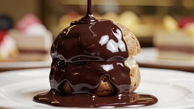 Chocolate sauce being poured over a profiterole