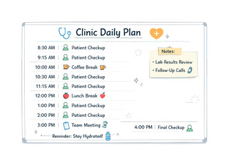 Obraz premium Clinic Schedule Overview. Clinic daily plan. A whiteboard showing a full-day schedule with checkups, breaks, and notes arranged clearly. The illustration