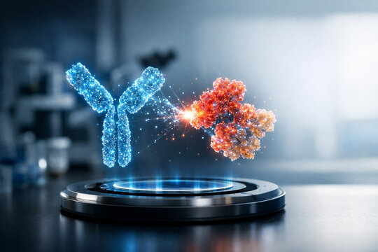 AI generated futuristic immunology lab with glowing holographic antibody binding visualization floating above a clean platform symbolizing biotech research medical innovation
