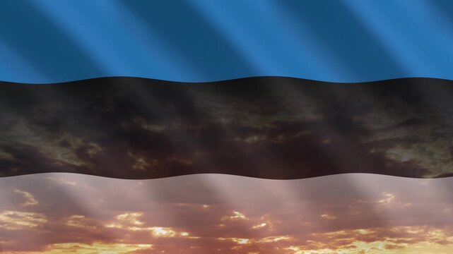 Flag of Estonia waving against a vibrant sunset, creating a patriotic and inspiring atmosphere with warm tones.