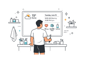 Obraz premium Smart Mirror Morning. Smart mirrors and interactive home tech. A modern bathroom scene with a person standing in front of a smart mirror displaying weather,