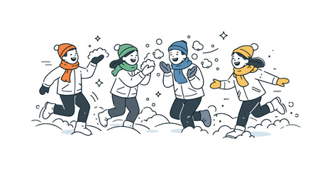 Naklejka premium Joyful Snow Play. Playing in snow together. A group mid-laugh while tossing snow or running through soft powder. Light winter motion, connection, and simple