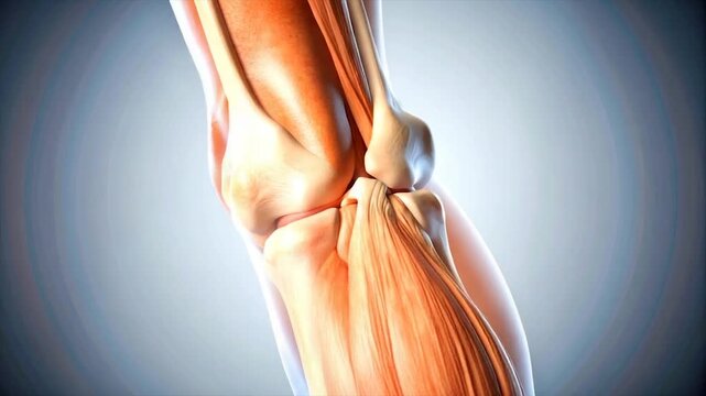 3D anatomical rendering of a knee joint showing muscles and bones with gradient background