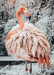 Flamingo dressed in a luxuious fur coat, frozen snow forest in the background.