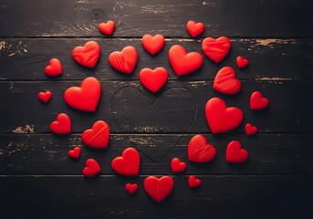 Red hearts on black wooden background, Valentine's Day decoration