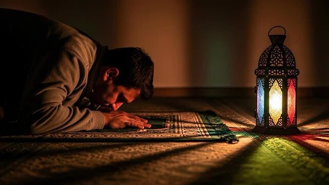 A young adult man performing Islamic prayer in prostration on a prayer rug next to a glowing traditional lantern in a dark room during Ramadan