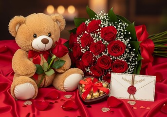 Teddy Bear with Roses and Chocolates on Valentine's Day