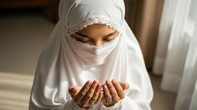 A young Muslim woman in a white hijab and niqab praying with her hands raised in a peaceful indoor setting during Ramadan