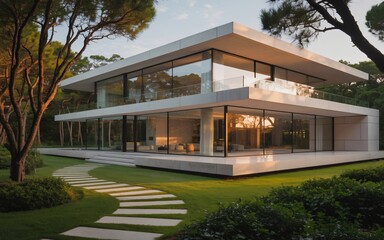 A stunning two-story residence showcases an incredible design with floor-to-ceiling windows on every level.