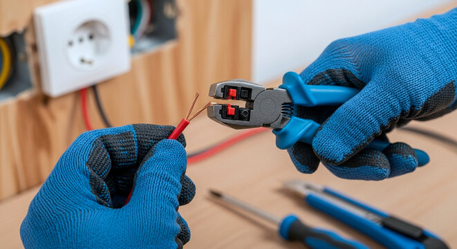 Skilled hands in blue protective gloves meticulously strip electrical wires near a wall socket, performing crucial wiring work for home renovation and electrical safety