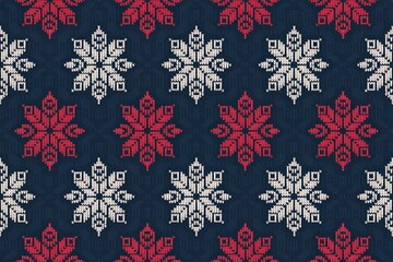 A repeating geometric pattern features intricate snowflakes in shades of white and red on a navy background. The design combines traditional folk art elements with a modern and clean aesthetic.