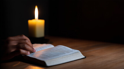 Obraz premium Holy Bible illuminated by single candle in dark quiet room, Christian faith and evening worship concept, horizontal close-up composition, open Bible on wooden surface, warm candle