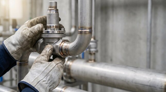 Close-up of a worker's gloved hands installing or maintaining a stainless steel valve on an industrial piping system.