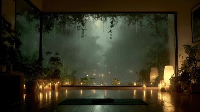 A living room features a large window with rain falling outside. Soft light from candles fills the space. A yoga mat is set near the lamp, creating a cozy atmosphere with indoor plants