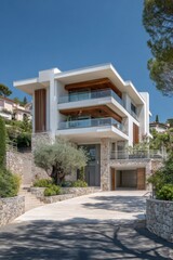 Fototapeta premium Modern house with multiple balconies located in a residential area featuring stone walls and a landscaped yard on a clear sunny day