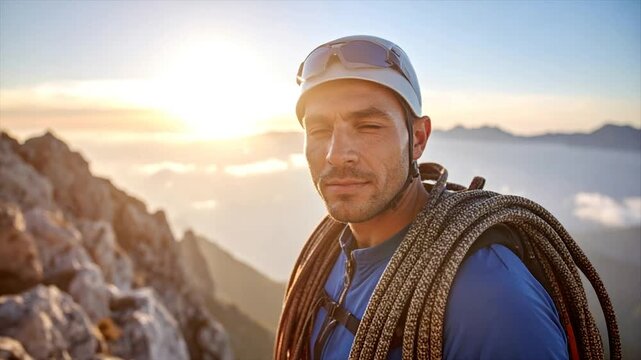 A climber, clad in helmet, stares at the camera, sunlight backlighting mountains