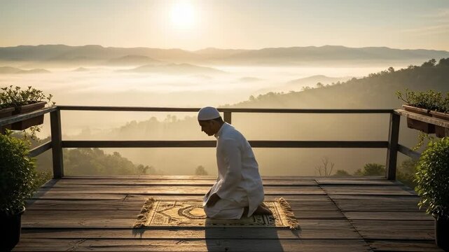 Adult Muslim man in traditional white clothing performing sujud prayer on a rug on an outdoor wooden balcony with a scenic misty mountain landscape at dawn.