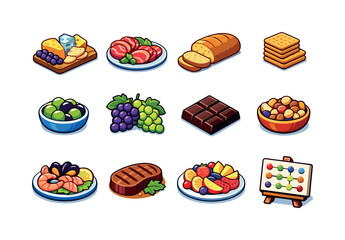 Isometric Wine Pairing Icons. Wine pairings. Colorful isometric vector icons set of wine pairings: cheese board, charcuterie slices, bread loaf, crackers