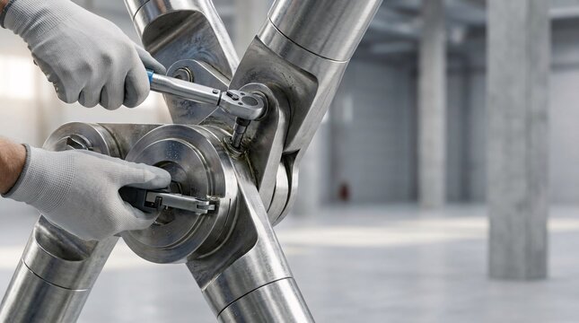 Person in gloves tightening a bolt on a polished metal structural joint with a wrench in an industrial setting.