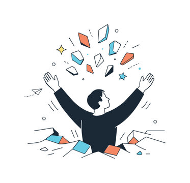 Breaking Barriers. Breaking boundaries. Individual reaching out with arms raised while abstract shards float upward, symbolizing overcoming societal or
