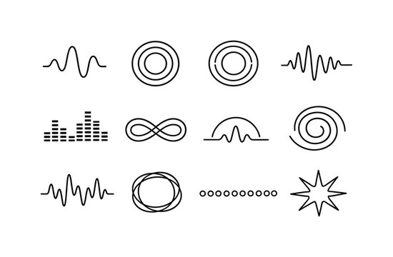 Abstract Sound Icons. Abstract shapes and colors representing sound. Line icon set of abstract shapes and colors representing sound: soundwave curve, echo